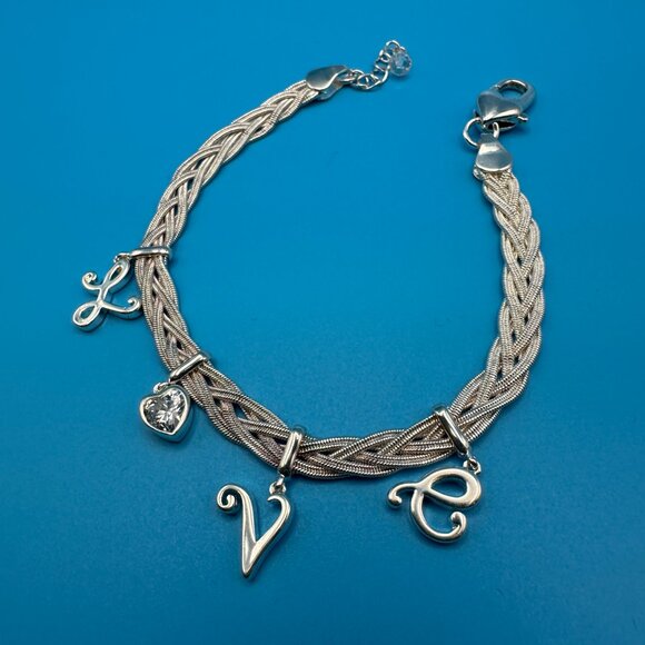 LOVE charm bracelet with braided silver-tone chain. - Picture 7 of 8
